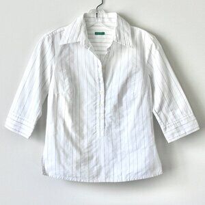 Benetton Vintage 100% Cotton White Stripe Short-Sleeve Button-Up Top Extra Small